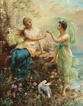 鳥と花柄の女の子 ハンス・ザツカ Oil Paintings